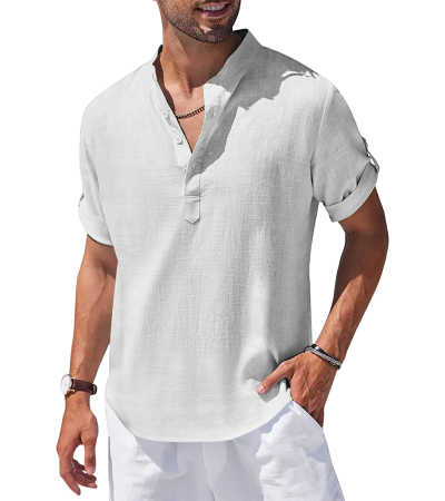 Men's bamboo hemp half front 4 button stand collar short sleeve shirt -LTMJ100617 - 竹节麻-120g/S