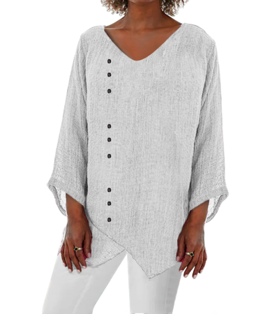 Women's digital print V-neck irregular hem shirt LTW20140 - 竹节麻-120g/S