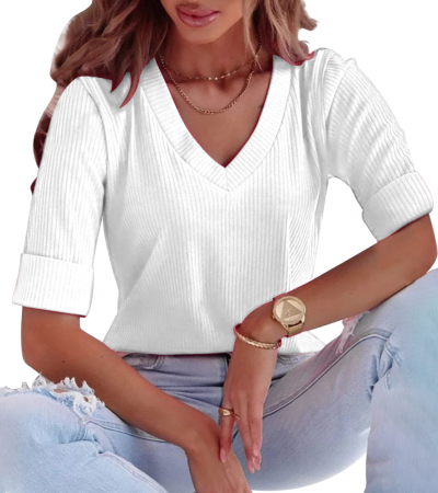 Women's ribbed long sleeve V-neck T-shirt LTW20539 - 螺纹坑条-210g/S