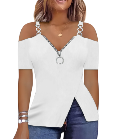 Women's imitation cotton pull frame off-the-shoulder V-neck zipper strap T-shirt LTW20468 - 仿棉-180g/S