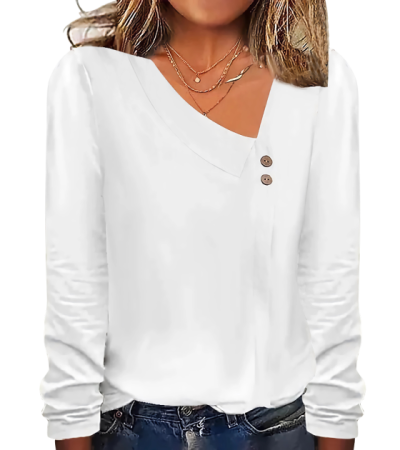 Women's cotton asymmetrical V-neck long sleeve T-shirt LTW20505 - 仿棉-180g/S