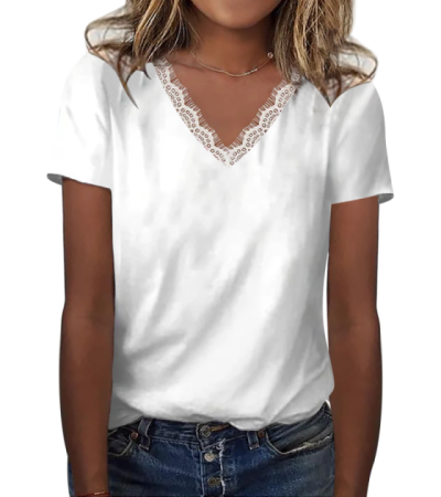 Women's digital print cotton short sleeve V-neck short T-shirt lace -LTW20088 - 仿棉-180g/S