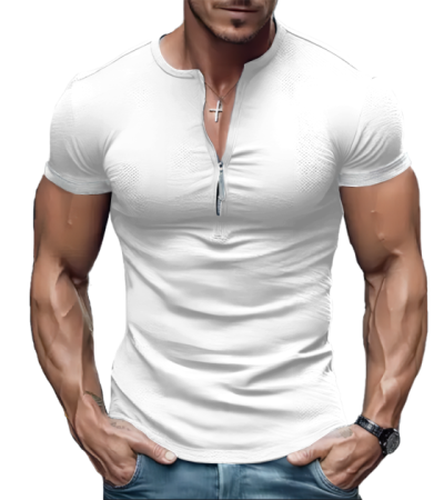 Men's digital cotton faux front zip short sleeve Henry shirt T Blood LTM100600 - 仿棉-180g/S