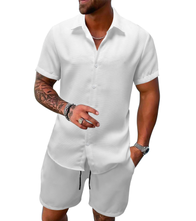 Men's lapel short-sleeved shirt shorts suit -LJ10046 - 四面弹-120g/S