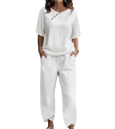 Women's bamboo jointed linen round neck short sleeve pants suit S9530987 - 竹节麻-120g/S
