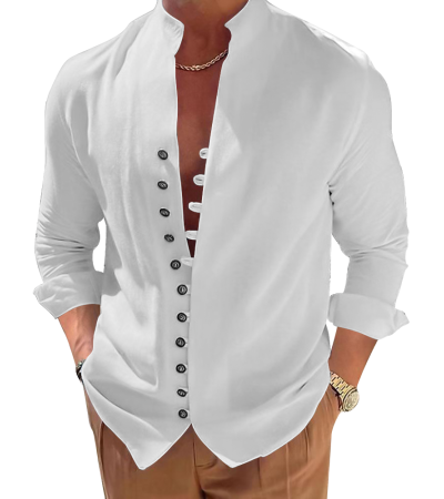 Men's bamboo hemp front button loop stand collar long sleeve shirt XZ100492 - 竹节麻-120g/S