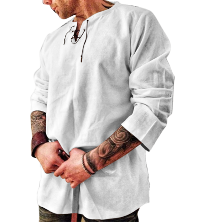 Men's bamboo hemp small V drawstring round neck long sleeve shirt LTM100747 - 竹节麻-120g/S