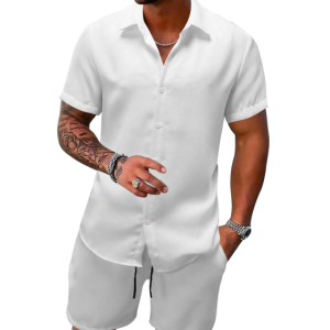 Men's Waffle collar short-sleeved shirt shorts set -LTMC10046 - 华夫格-210g/S