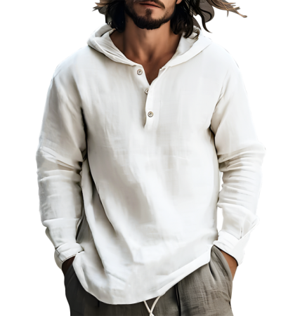 Men's bamboo hemp half front 3 button hooded long sleeve shirt -LTMJ100741 - 竹节麻-120g/S