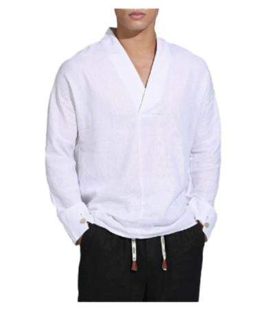 Men's bamboo hemp kimono collar long sleeve Henry shirt LTM100853 - 竹节麻-120g/S