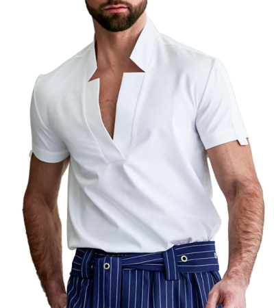 Men's bamboo hemp notched V-neck short-sleeve shirt LTM100625 - 竹节麻-120g/S