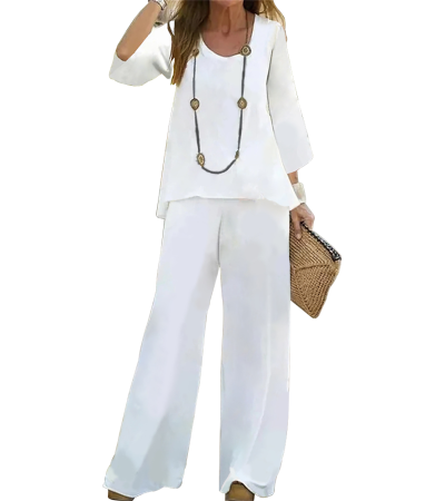 Women's imitation hemp U collar 8-minute sleeve pants suit LTW20515 - 竹节麻-120g/S