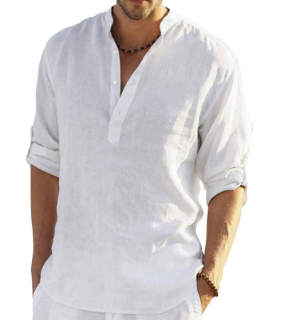 Men's bamboo hemp half open collar Long sleeve adjustable shirt -LTM100570S - 竹节麻-120g/S